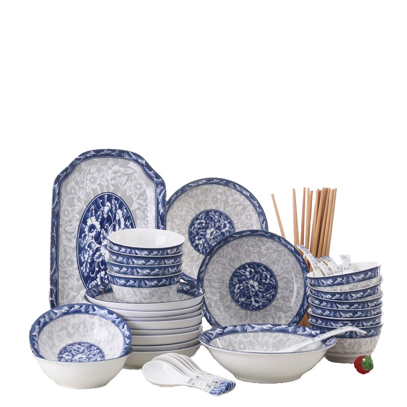 青花瓷4/10人碗碟套装 家用盘子碗组合餐具创意碗筷 可微波碗盘