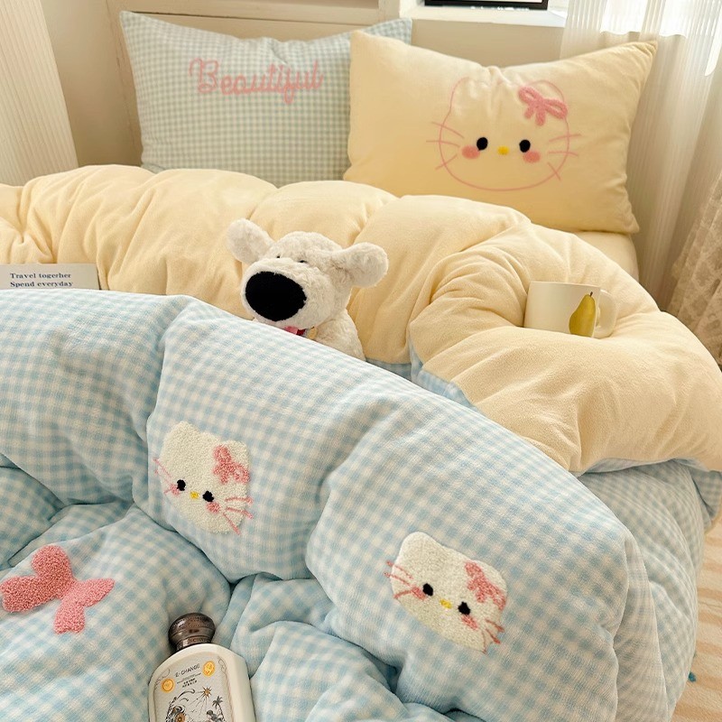 毛巾绣牛奶绒床上四件套冬季加厚珊瑚绒被套床单人保暖宿舍三件套