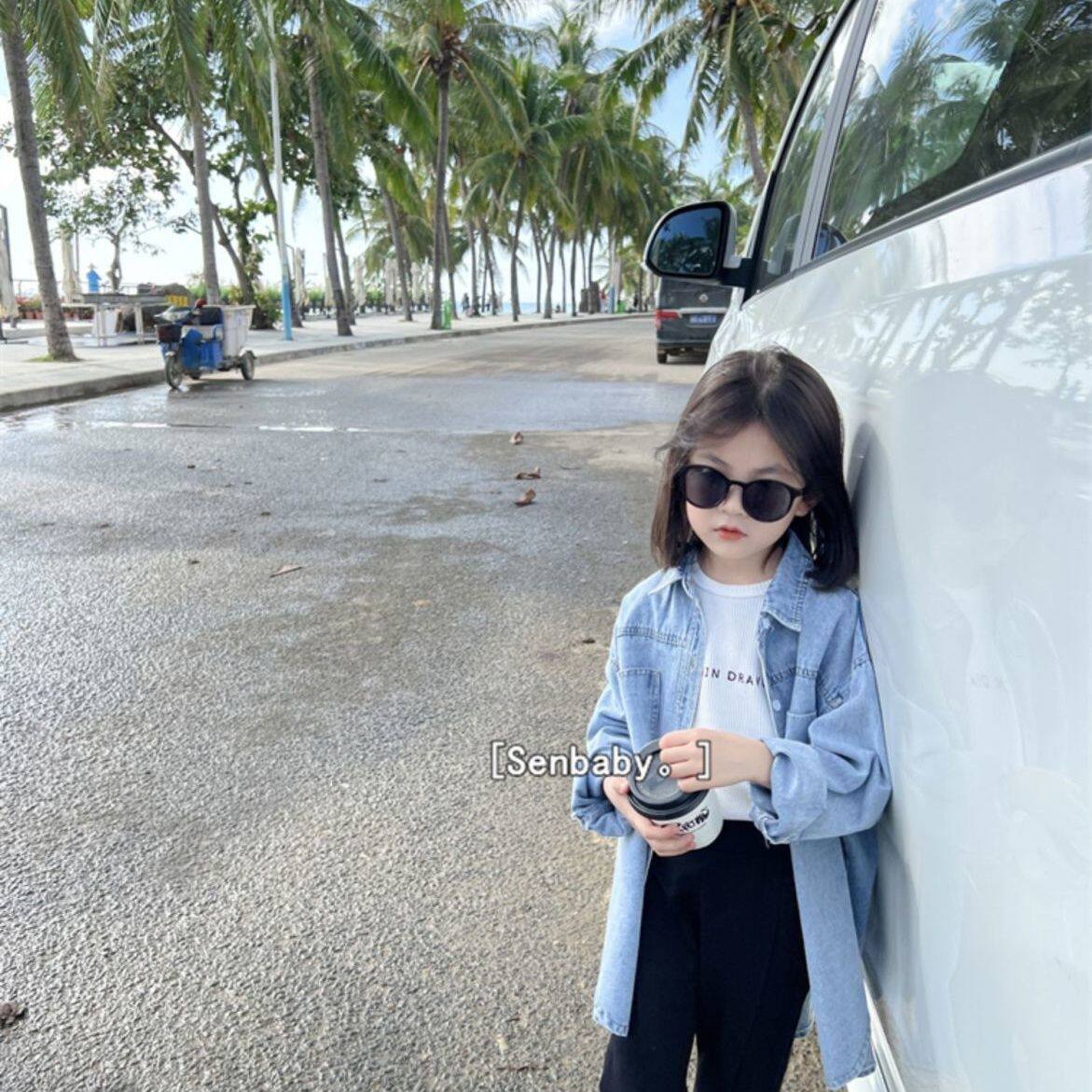 女童牛仔衬衫春装新款韩版长袖上衣中大童洋气中长款衬衣外套