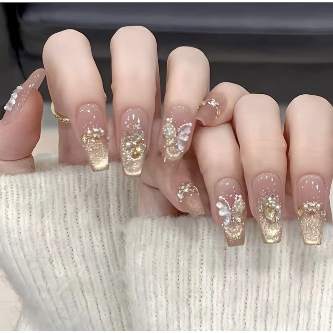 【烫金蝴蝶】纯手工穿戴甲美甲穿戴式光疗甲冰透渐变流行纯欲