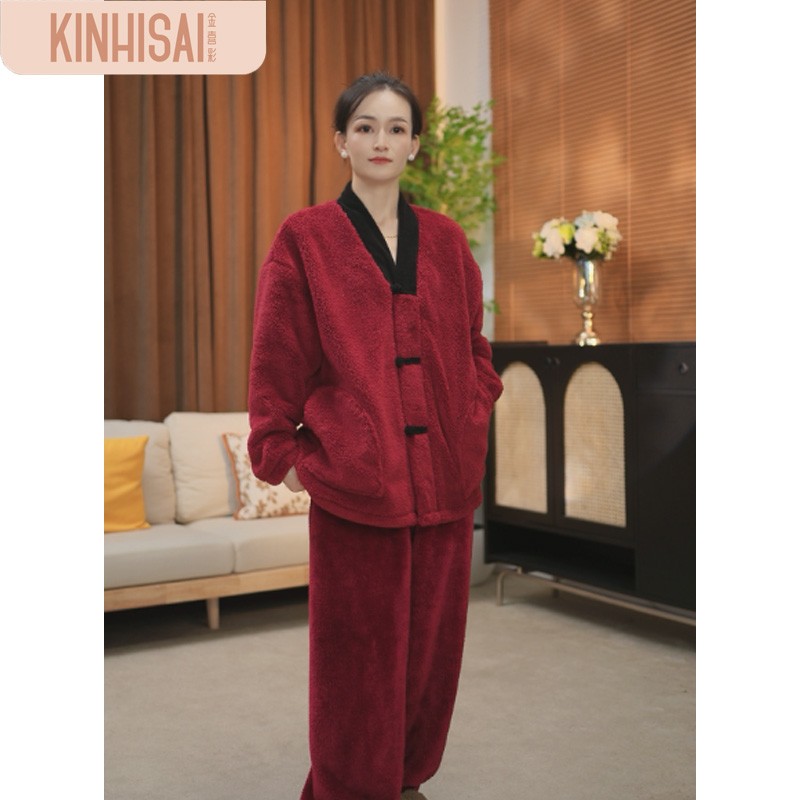 特厚睡衣秋冬季加绒加厚长袖保暖新中式家居服套装可外穿舒美绒