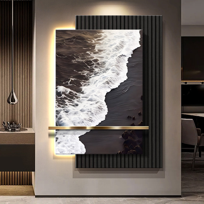 意式极简玄关装饰画黑白海浪沙发背景墙壁灯画轻奢高级感客厅挂画