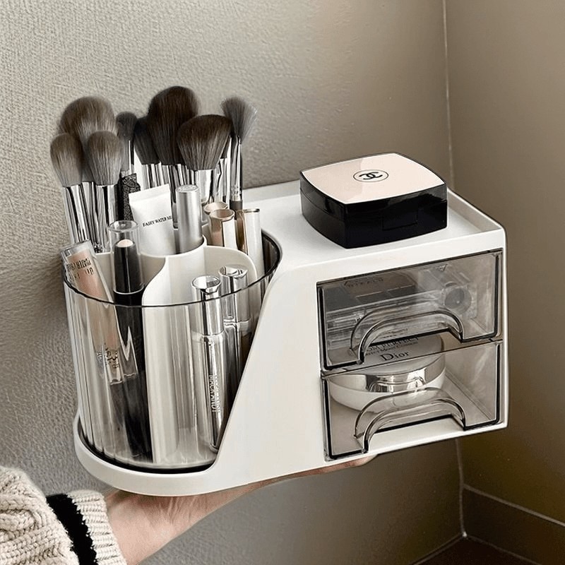 桌面旋转化妆刷女士学生收纳盒化妆品收纳筒抽屉式分格梳妆台笔筒