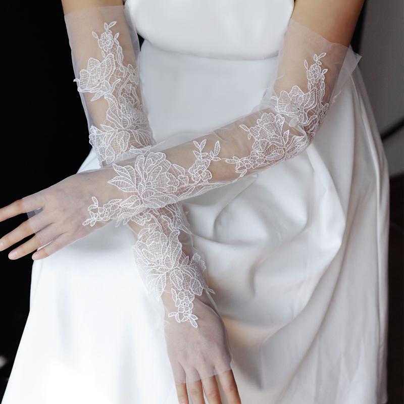 WG154长款蕾丝婚纱手套 超仙白色婚纱礼服晚宴新娘结婚配饰套袖