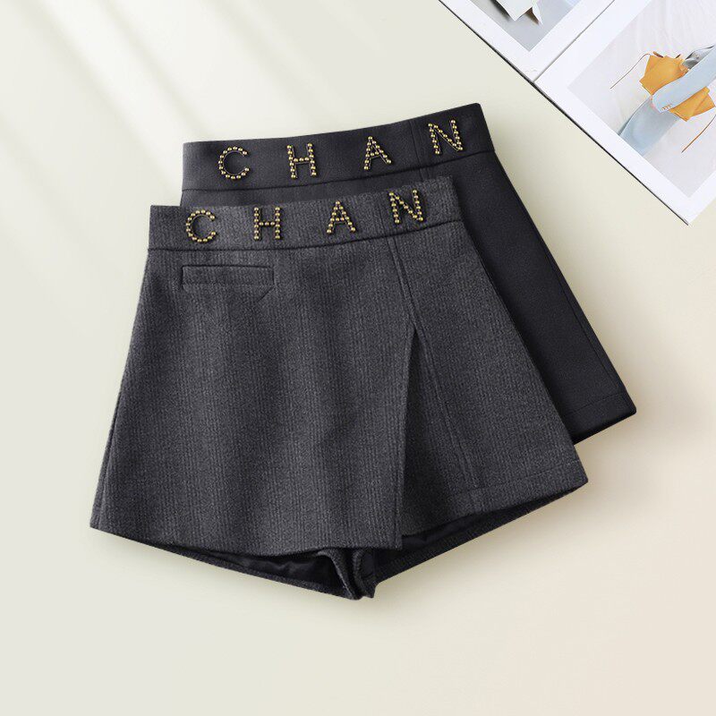 金属字母高腰开叉短裙裤女春秋新款韩版时髦百搭显瘦毛呢半身裙子