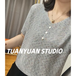 百搭半袖 设计感上衣潮新款 T恤女时尚 V领夏季 宽松显瘦团圆 针织短袖