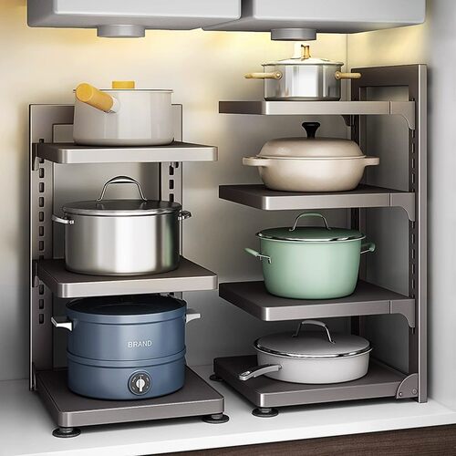 枪灰厨房锅具收纳架锅架家用水槽下置物架多功能橱柜多层放锅架子