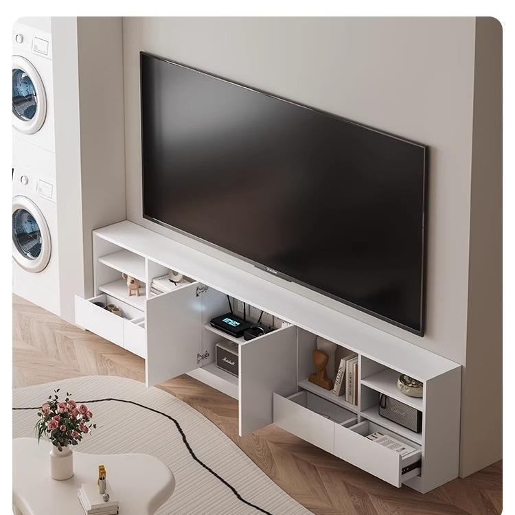 现代简约超薄电视柜实木生态板收纳储物柜一体高款无腿落地格子柜