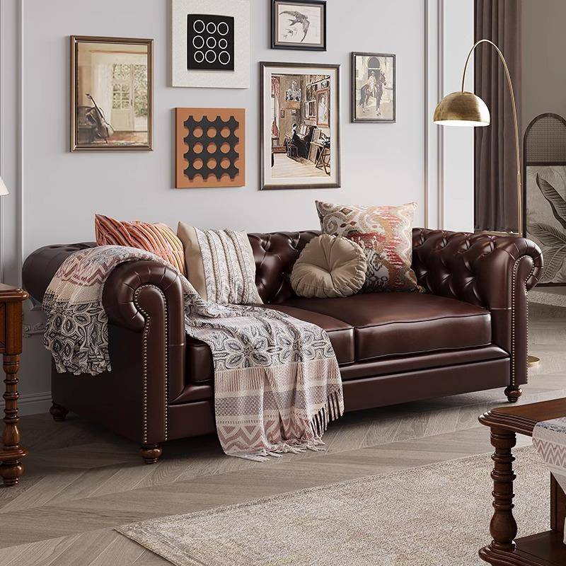美式沙发乡村客厅经典复古风格家具拉扣真皮沙发组合实木别墅沙发