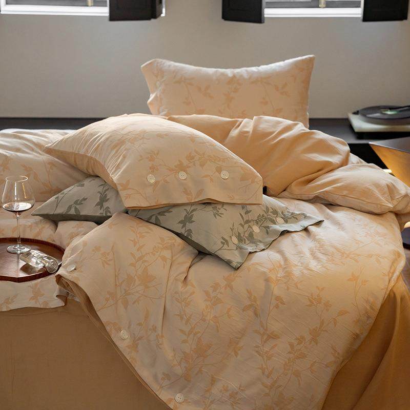 全棉60S双层纱色织提花纽扣四件套A类母婴级轻奢秋冬四季款四件套