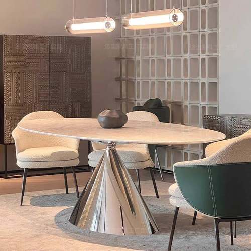 意式极简飞碟天然大理石餐桌进口奢石椭圆形高端别墅客厅奢石饭桌