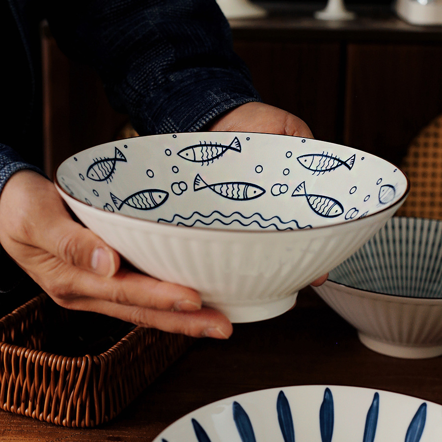 日式陶瓷拉面碗家用8寸大碗喇叭碗水果斗笠碗拉面条碗泡面碗店铺