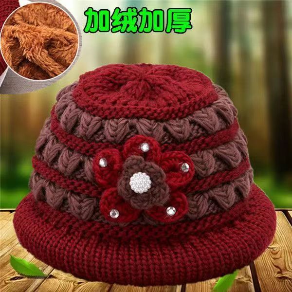 老年人冬季帽子奶奶针织保暖渔夫帽中老年加绒厚毛线盆帽老太太帽