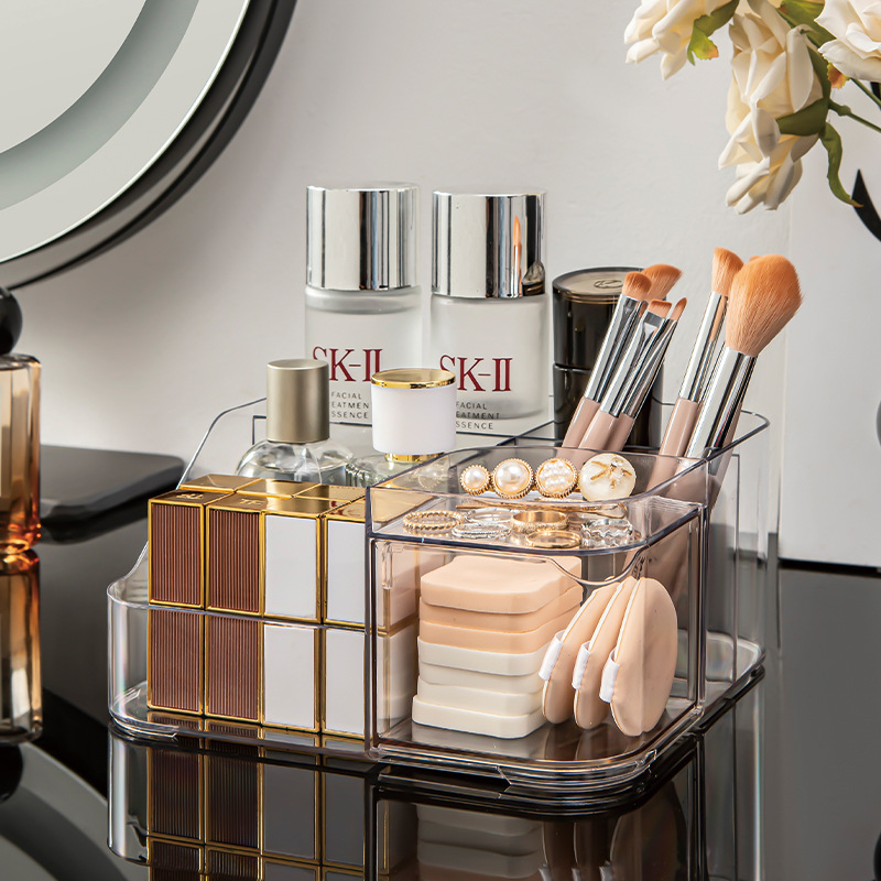 高级感桌面化妆品收纳盒口红化妆刷粉扑透明亚克力置物架分格笔筒