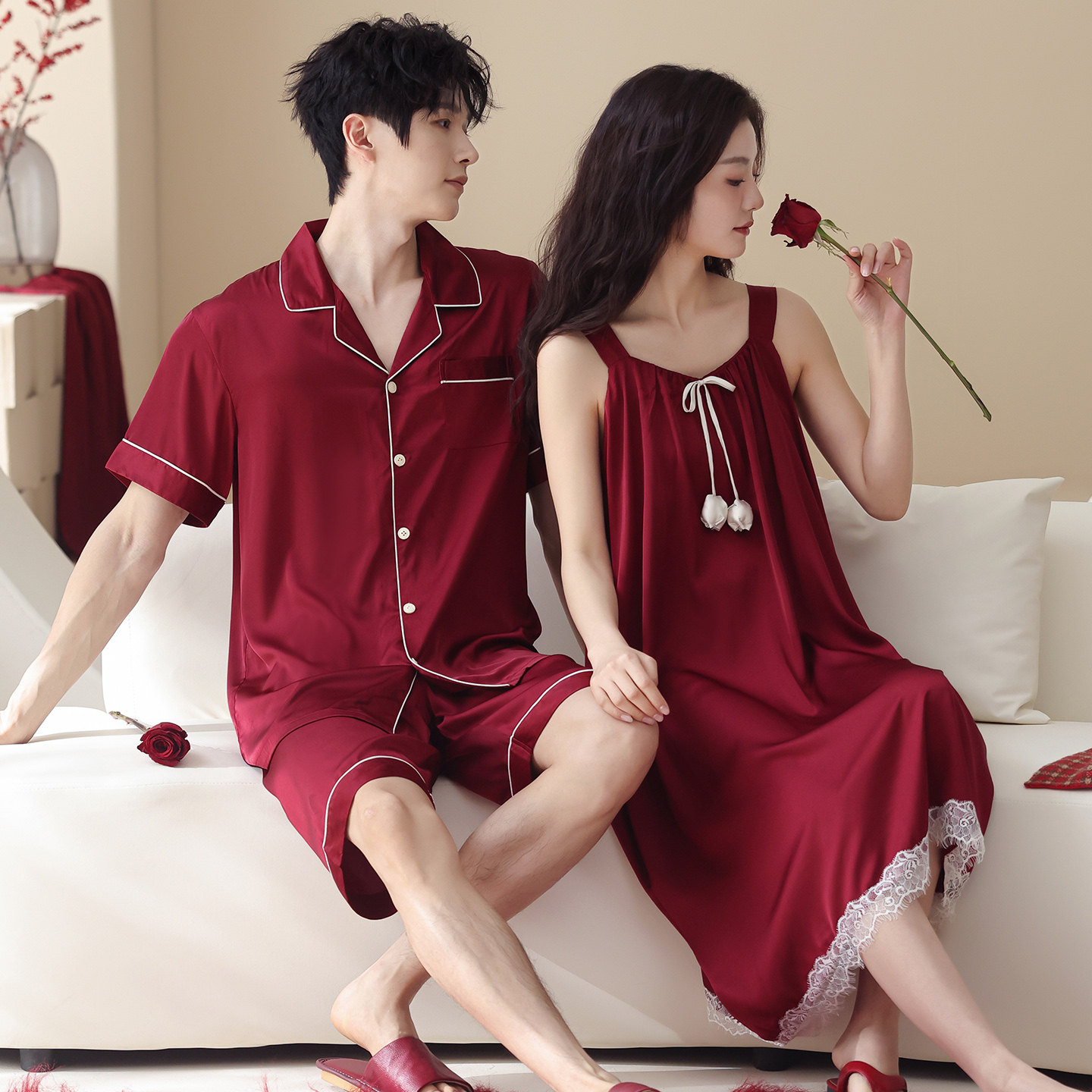 红色结婚新婚冰丝情侣睡衣女夏季吊带睡裙本命年男士丝绸家居服薄