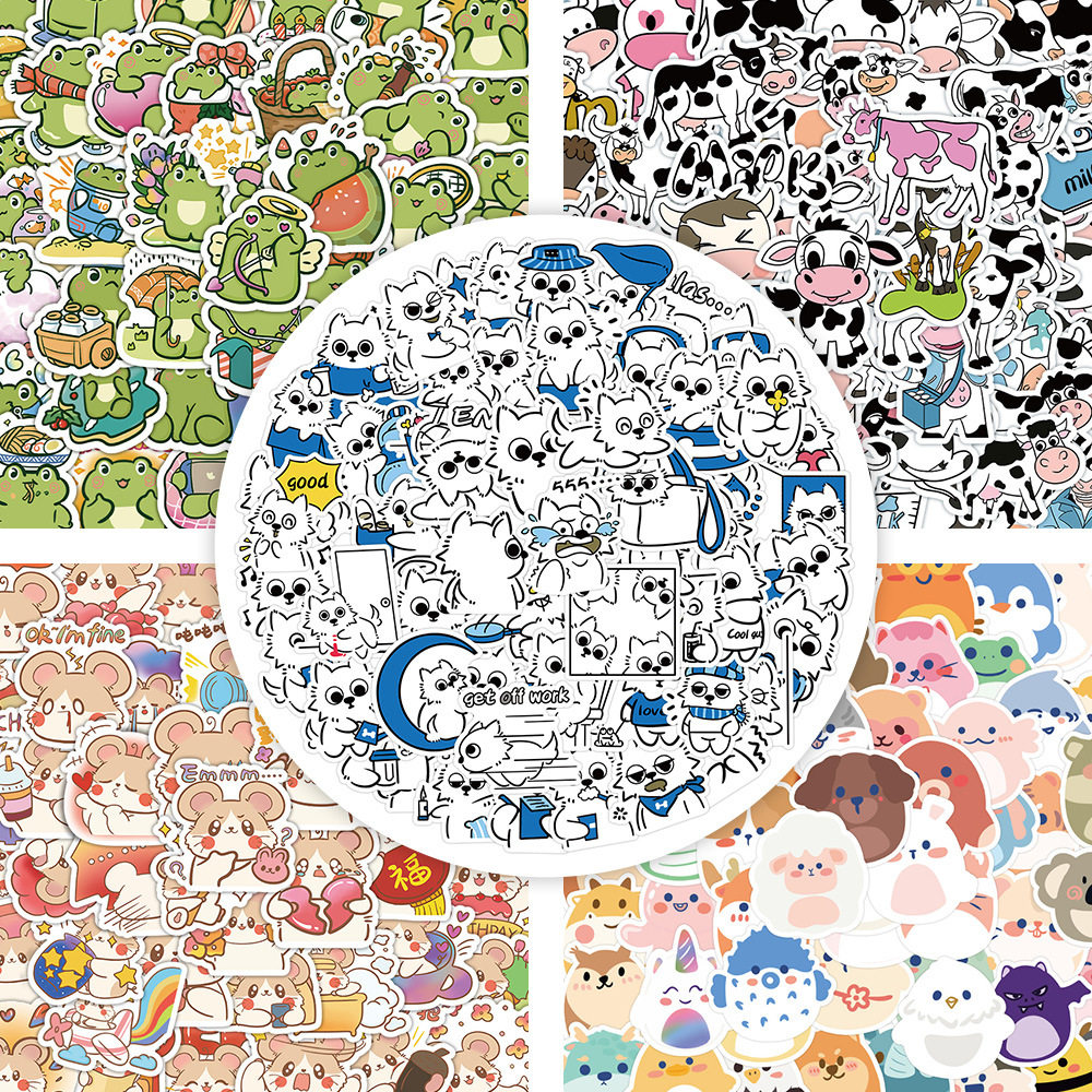 60张原创动物贴纸 奶牛熊猫青蛙兔子仓鼠刺猬十二生肖装饰小贴画