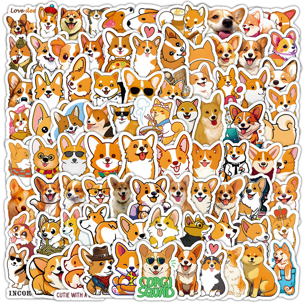 100张柯基小狗狗贴纸 可爱卡通宠物萌萌哒手账本水杯装饰防水贴画