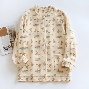 秋冬纯棉夹棉睡衣女上衣单件空气层家居服开衫 外套卡通碎花有口袋