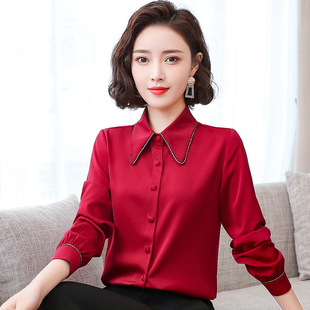 时尚 衬衣2021年春秋新款 洋气气质打底职业上衣 女长袖 红色雪纺衬衫