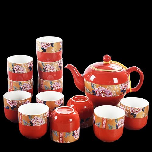 红色结婚茶具婚庆用品新人敬茶杯新婚用品大套组大杯大壶客厅茶具