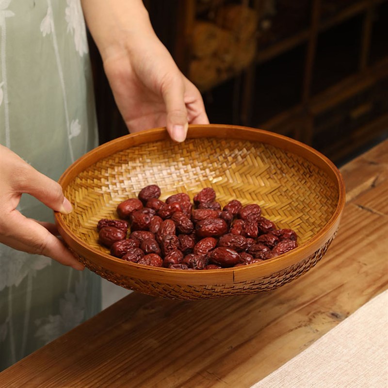 竹编大漆筐手工筐大漆复古收纳干果茶点水果篮子面包筐竹簸箕中式