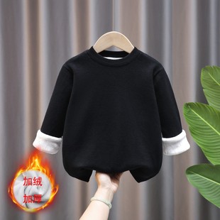 男童套头毛衣秋冬款加绒加厚纯棉女童白色毛衣圆领保暖毛衣打底衫