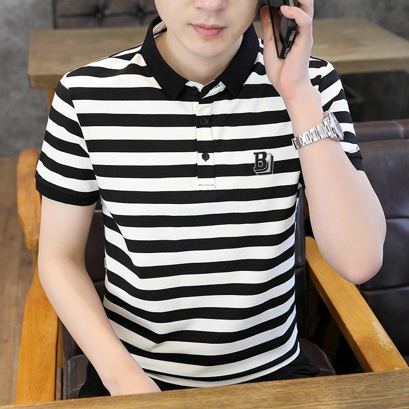 黑白色宽条纹短袖t恤男夏季成熟稳重美式纯棉polo衫有带领上衣服