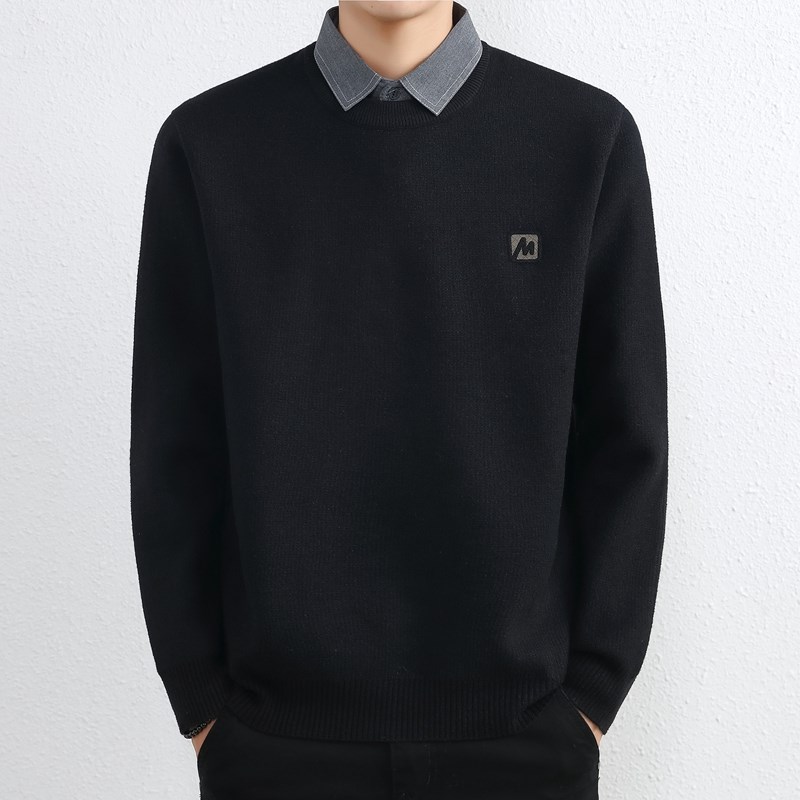 侨迪蒙拉轻奢男装秋冬季男士加厚衬衫领针织衫保暖假两件毛衣高端
