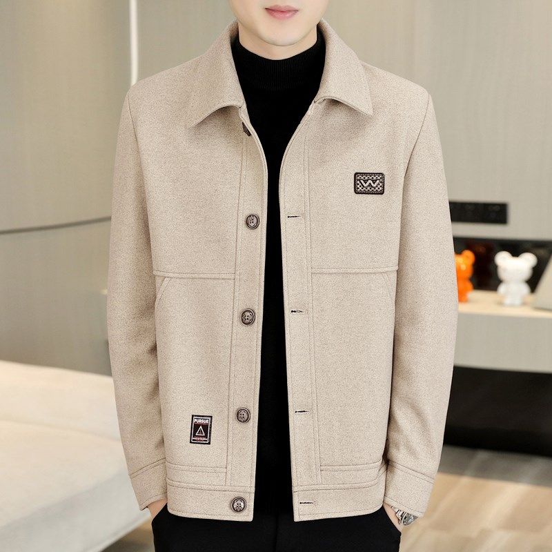 春秋季男士高档夹克外套翻领休闲呢子上衣时尚百搭男装毛呢茄克衫