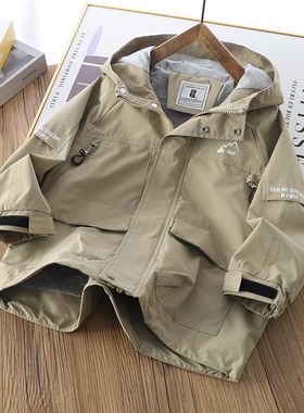 86121 儿童双层防风衣 男女童连帽工装外套中大童拉链开衫 春秋款
