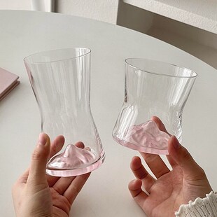 创意粉色观山玻璃杯家用高颜值女生透明喝水果汁杯微醺喝酒杯子