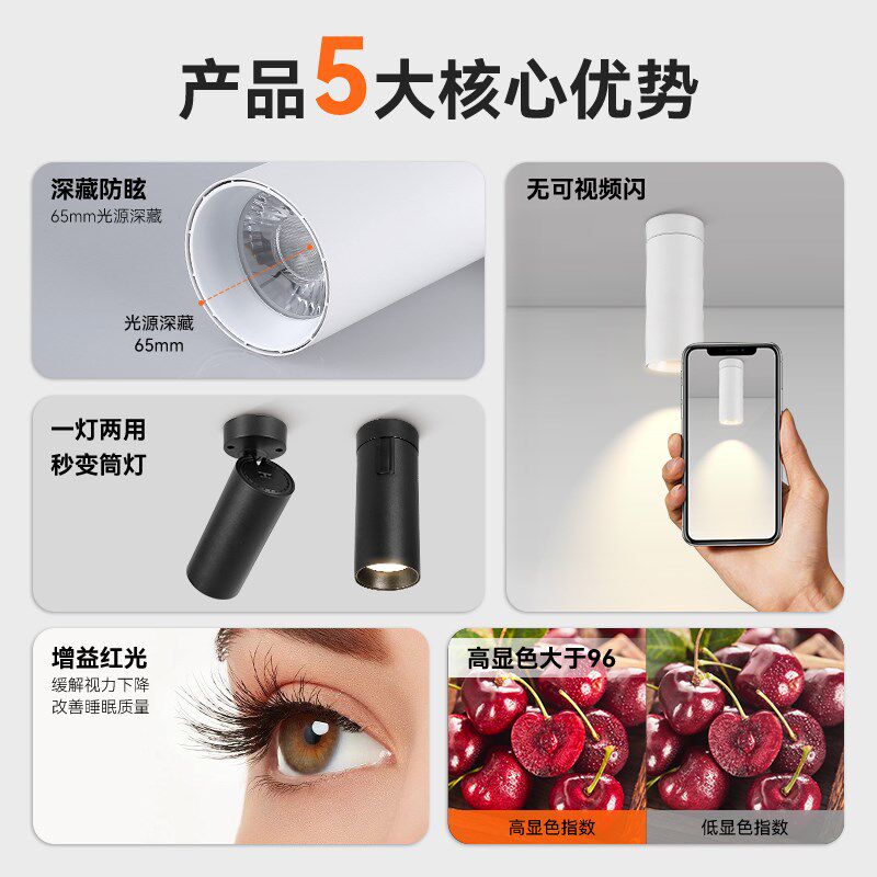 led明装射灯筒灯折叠商铺服装店家用背景墙cob吸顶轨道灯店铺商用