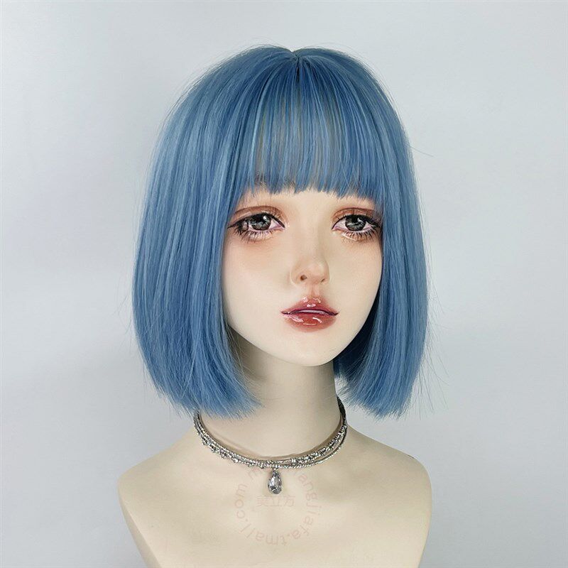 蓝色短发假发一刀切女全头套亚文化lolita波波头y2k万用cos彩直发