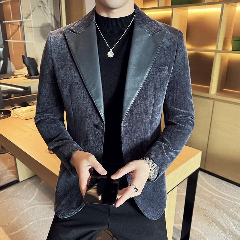 秋冬季男式拼皮时尚单西外套加大码撞色高奢小西装高级感宴会礼服,男装,休闲西服,淘宝优惠券,粉丝福利购,淘宝优惠卷