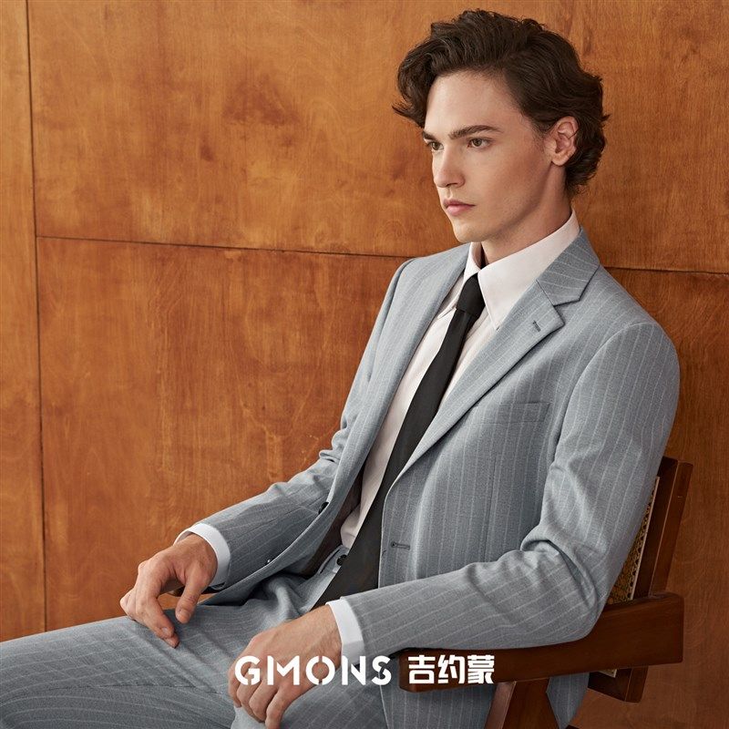 吉约蒙西服套装男浅灰色条纹西装商务正装高级感修身新郎结婚礼服