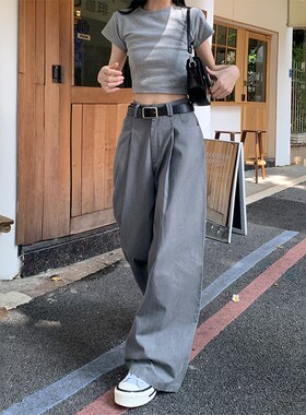 KRO休闲百搭宽松阔腿裤2024新款灰色高腰显瘦直筒垂感西装裤女