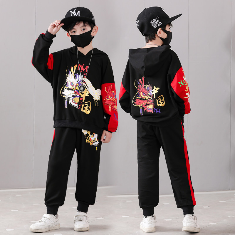 国潮童装男童卫衣春秋款2024龙年新年衣服中国龙儿童红色套装纯棉