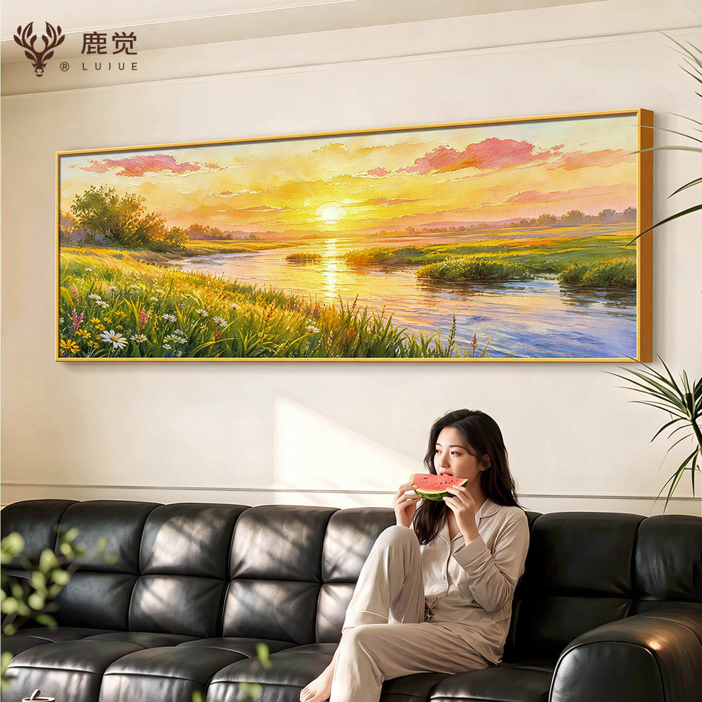 旭日东升客厅装饰画现简约沙发背景墙挂画源远流长山水风景油画