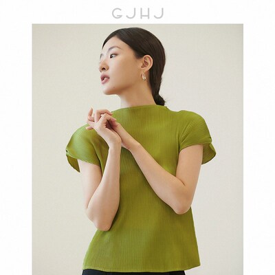 GJHJ微澜 累积热销10000+气场全开又美又飒紫色褶皱上衣女短袖T恤