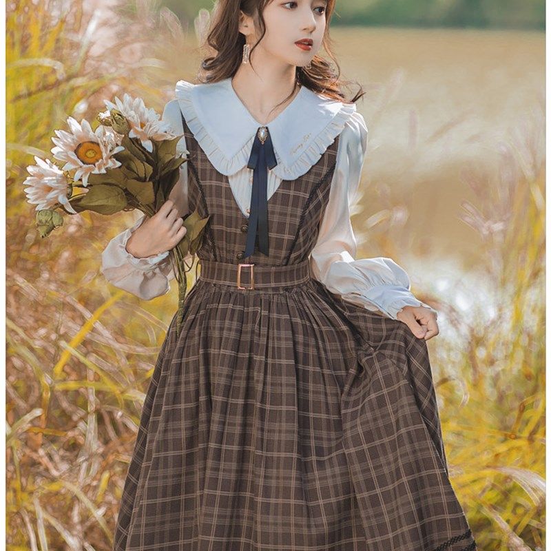 苏浅慕颜小个子少女学院风中长裙复古宫廷高腰格子背心连衣裙秋冬