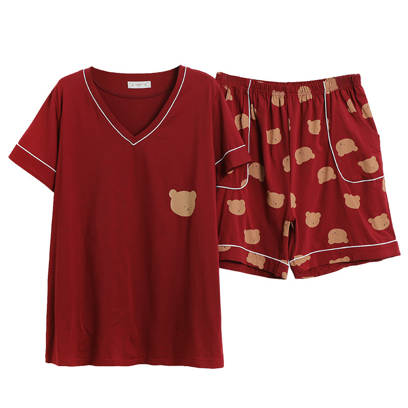 大码短袖睡衣女200斤胖mm纯棉v领宽松卡通红色结婚套装家居服夏季