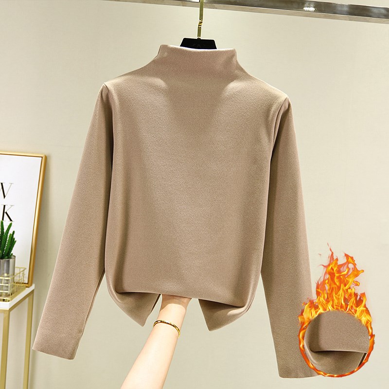 德绒打底衫女秋冬季半高领长袖t恤百搭洋气加绒加厚保暖内搭上衣