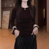 时尚 设计感长袖 丝绒t恤女秋冬新款 法式 洋气减龄修身 显瘦打底上衣