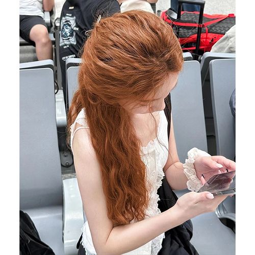 蕾丝焦糖橘棕羊毛卷假发女长卷发中分刘海水波纹长发秋天全头套