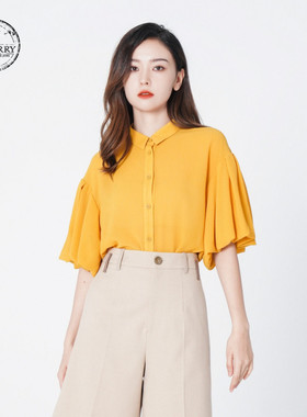 D-HARRY/迪哈利夏季黄色短袖衬衫女文艺衬衣DH222D95221F