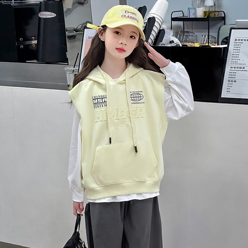 女童套装春秋2025新款儿童时髦长袖卫衣网红连帽马甲两件套上衣潮