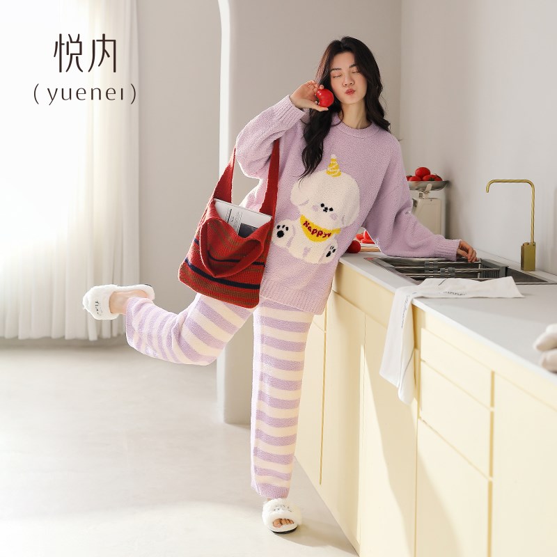 悦内半边绒睡衣女士秋冬季冬款珊瑚绒加绒加厚保暖家居服可爱少女