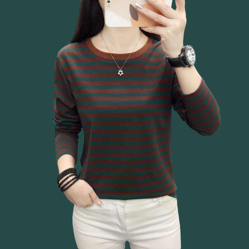 纯棉长袖条纹T恤女新款秋装大尺码宽松洋派妈妈上衣打底衫圆领内