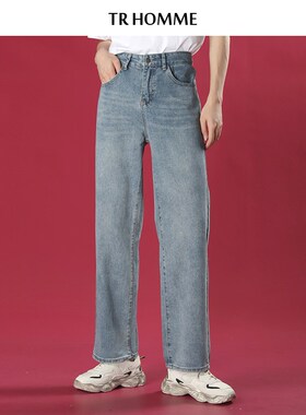 TR HOMME 港风牛仔裤男复古蓝色宽松直筒长裤青春休闲男青年裤子