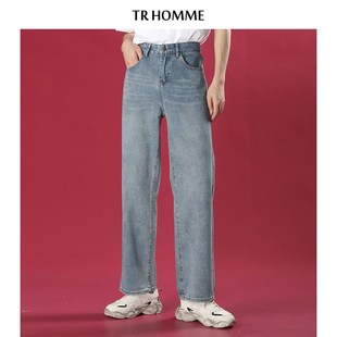 TR HOMME 港风牛仔裤男复古蓝色宽松直筒长裤青春休闲男青年裤子